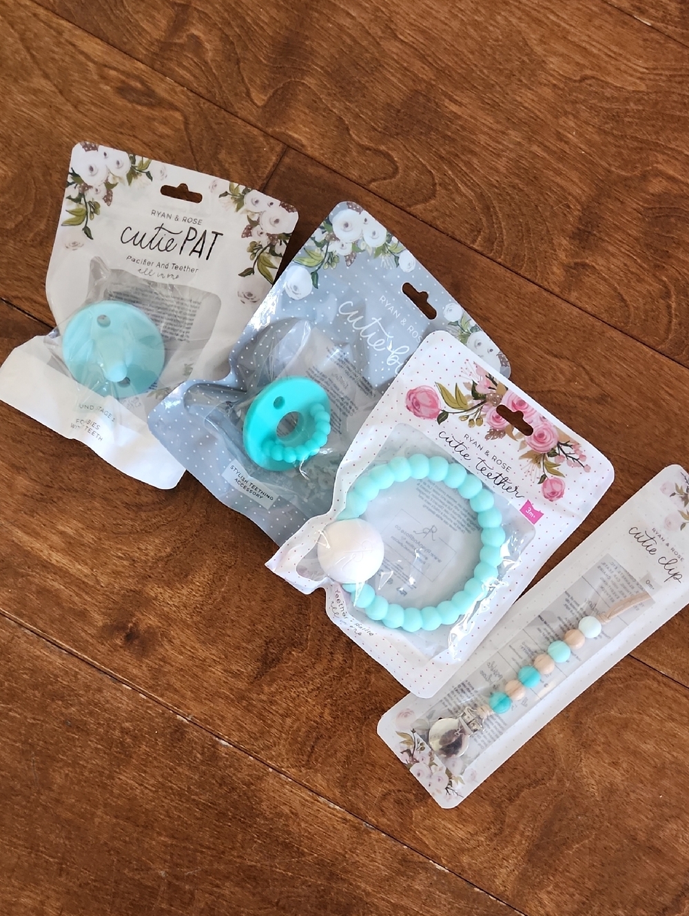 RYAN & ROSE Cutie Teething Set - Mint Blue Silicone Clips, Rattle, & Pacifier